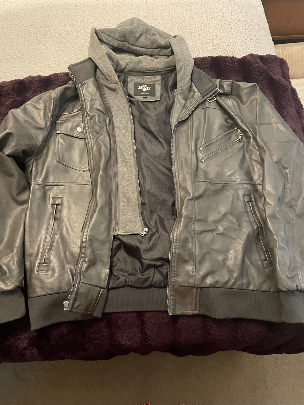 Black  Bomber Jacket with Attached Gray Hood